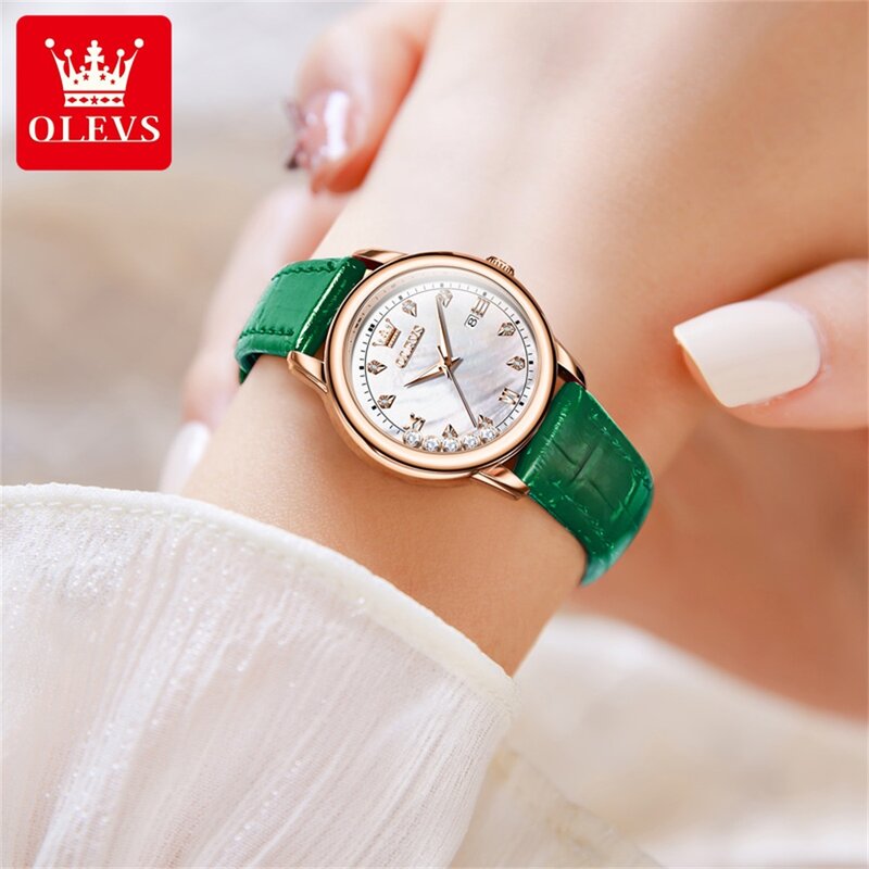 OLEVS jam tangan kuarsa wanita, arloji tali kulit berlian modis tahan air dengan kalender, jam tangan kecantikan hadiah