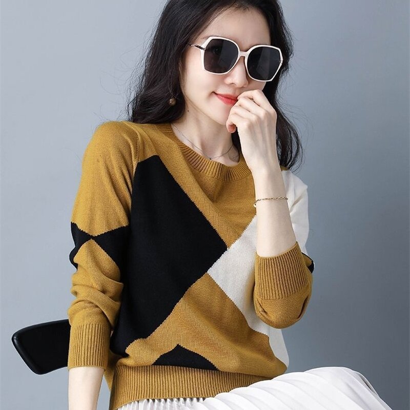 Elegant Fashion O-Neck Splicing Contrast Colors Knitted Pullovers for Women 2023 New Long Sweaters Sleeve Top Women's Clothing
