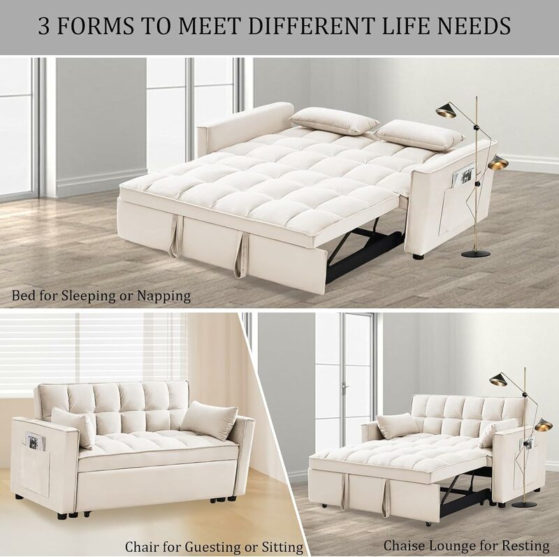 أريكة نوم قابلة للتحويل مع مسند ظهر قابل للتعديل ، سرير أريكة ، جيوب تخزين ، وسائد إرم لغرفة المعيشة ، 3 في 1