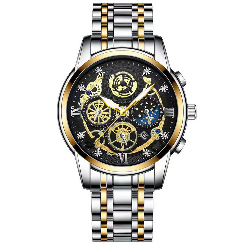 Часы наручные мужские с календарем, модные водонепроницаемые кварцевые светящиеся со стальным браслетом, с полым маховиком, с подсолнухом, Луной и звездами, 2022