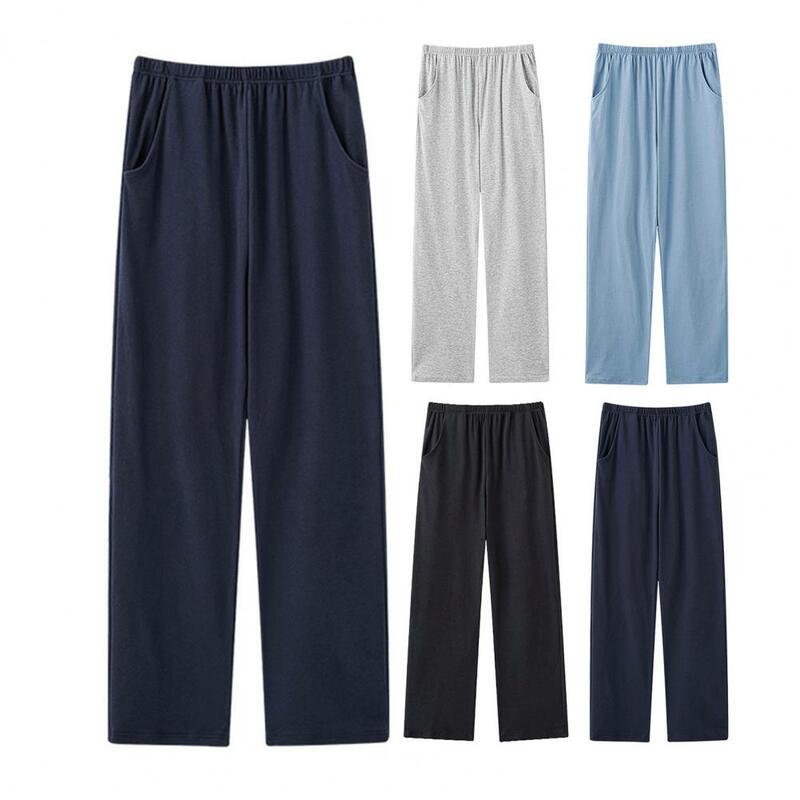 Men's Winter Pajama Pants Stretch Mid-Rise Solid Color Thin Pocket Wide Leg Straight Leg Lounge Wear Long Pajama Pants