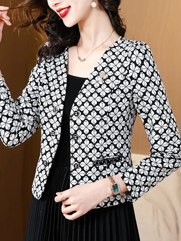 Women Chic Print Cropped Jackets Tops Korean Oversize 4xl Cardigan Coats Spring Fall Elegant Slim Long Sleeve Short Abrigos 2024