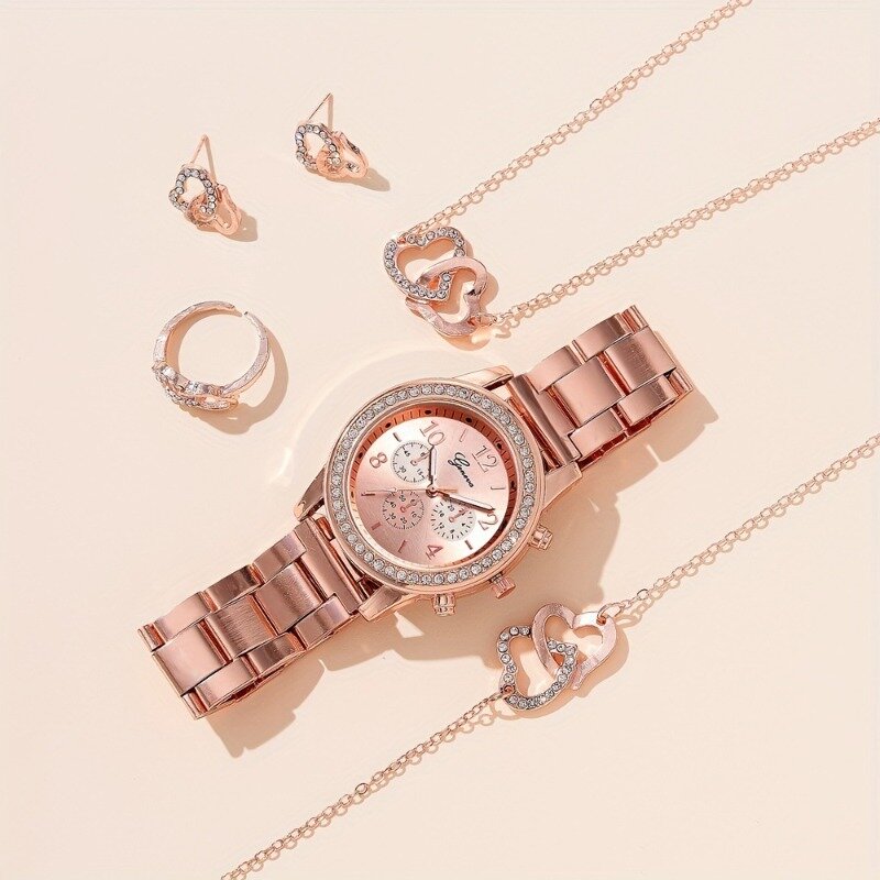 Роскошные часы, женские кольца, ожерелье, серьги, модные наручные часы, женские повседневные женские часы, браслет, набор часов