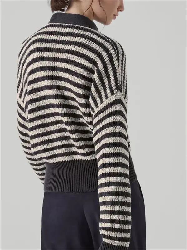 Sweter damski 2024 nowy 100% bawełniane w paski kontrastowy jednorzędowy dekolt w serek luźny sweter z długim rękawem