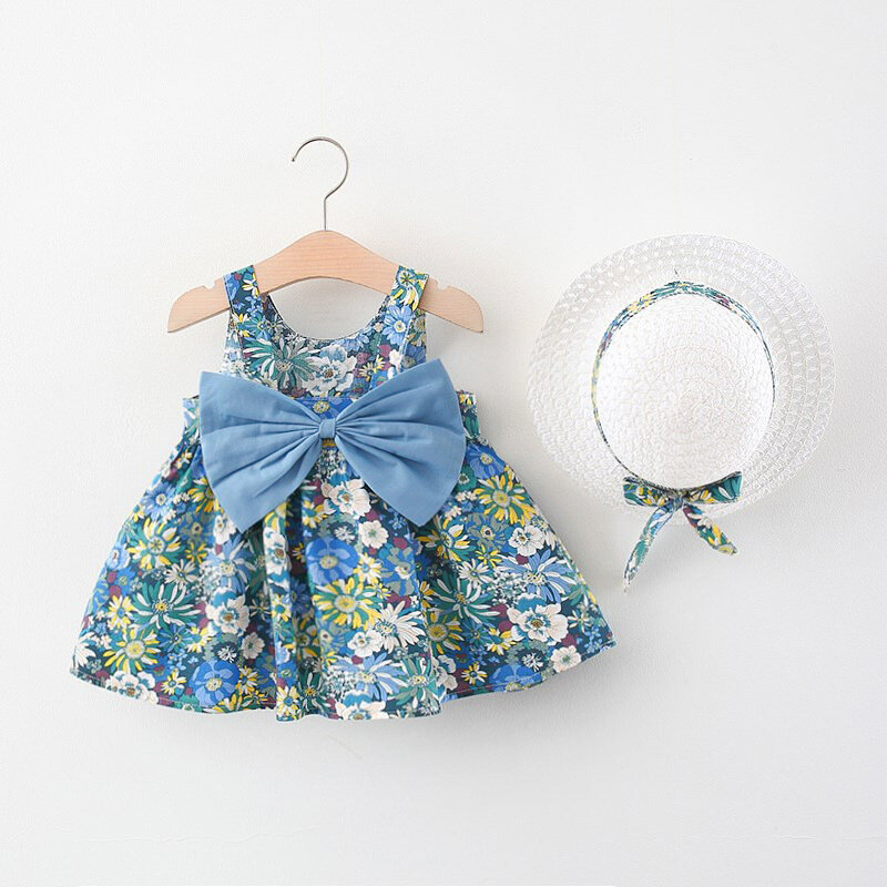 2 Stück Sets Sommer Kleinkind Mädchen Kleidung koreanische Mode Blumen niedlichen Bogen ärmellose Prinzessin Baby Kleider Sonnenhut Kinder Kleid bc136