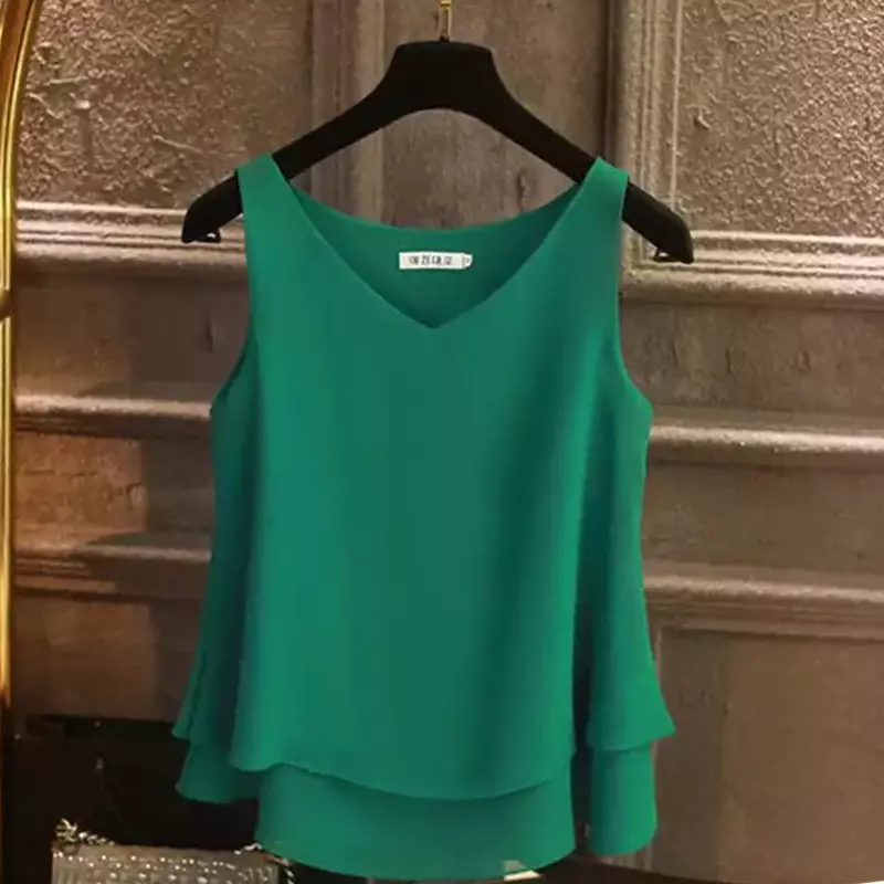 Blusa holgada informal de chifón sin mangas para verano, Camisa lisa con cuello en V, talla grande 5XL, 2022