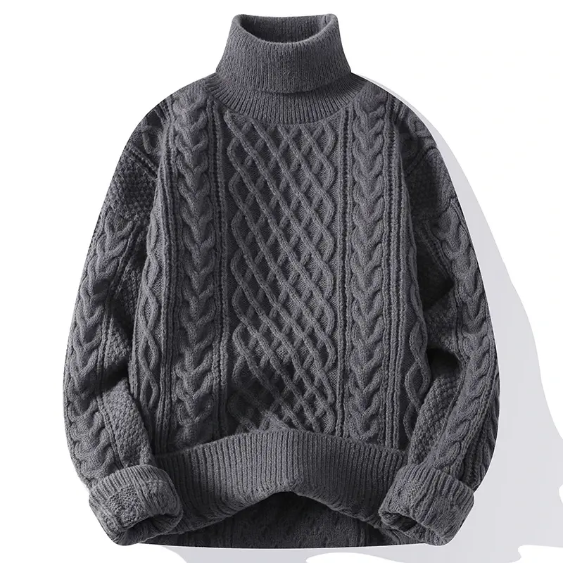 Męskie swetry z długim rękawem jesienno-zimowa ciepła dzianina męska wysokiej jakości swetry z golfem jednolity kolor 3XL-M