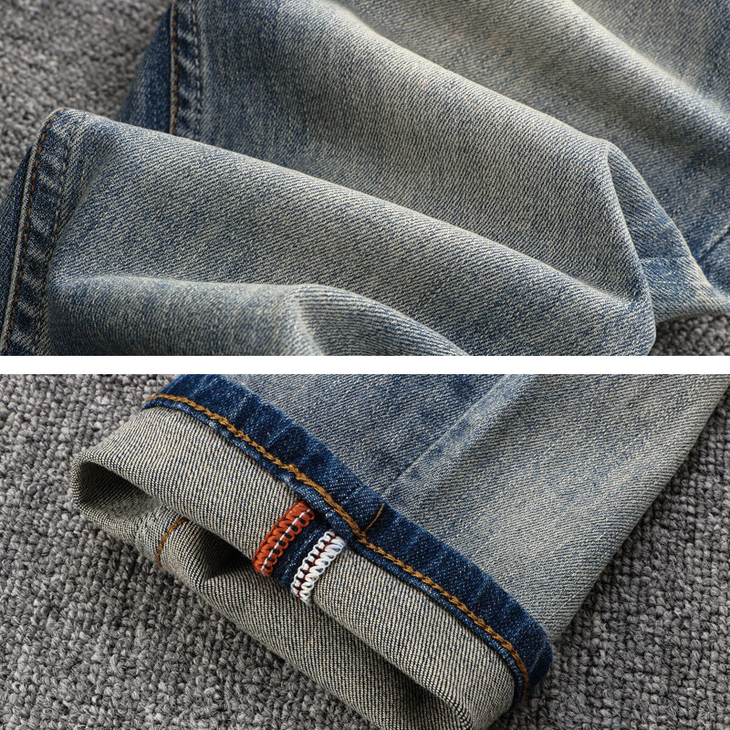 Jeans Pria Fashion Italia Celana Panjang Pria Jeans Sobek Ketat Ramping Biru Retro Kualitas Tinggi Celana Denim Desainer Antik Hombre