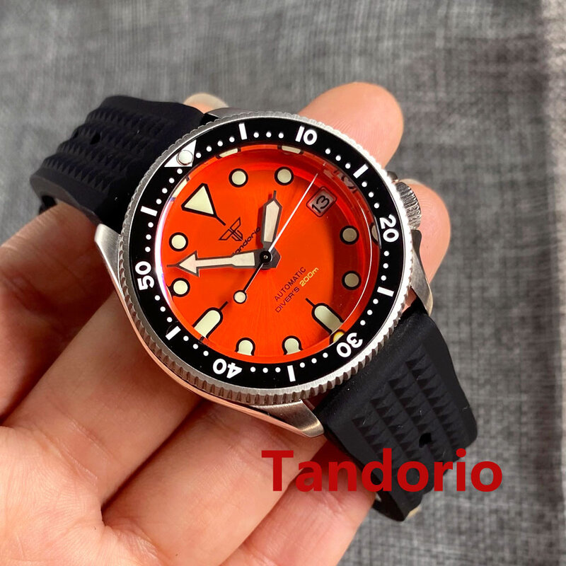 37mm Tandorio 200M Diving Japan NH35A Ceramic Bezel 120 Click Sapphire Glass Luminous Auto Orange Dial Men Watch Date 3.8 Crown