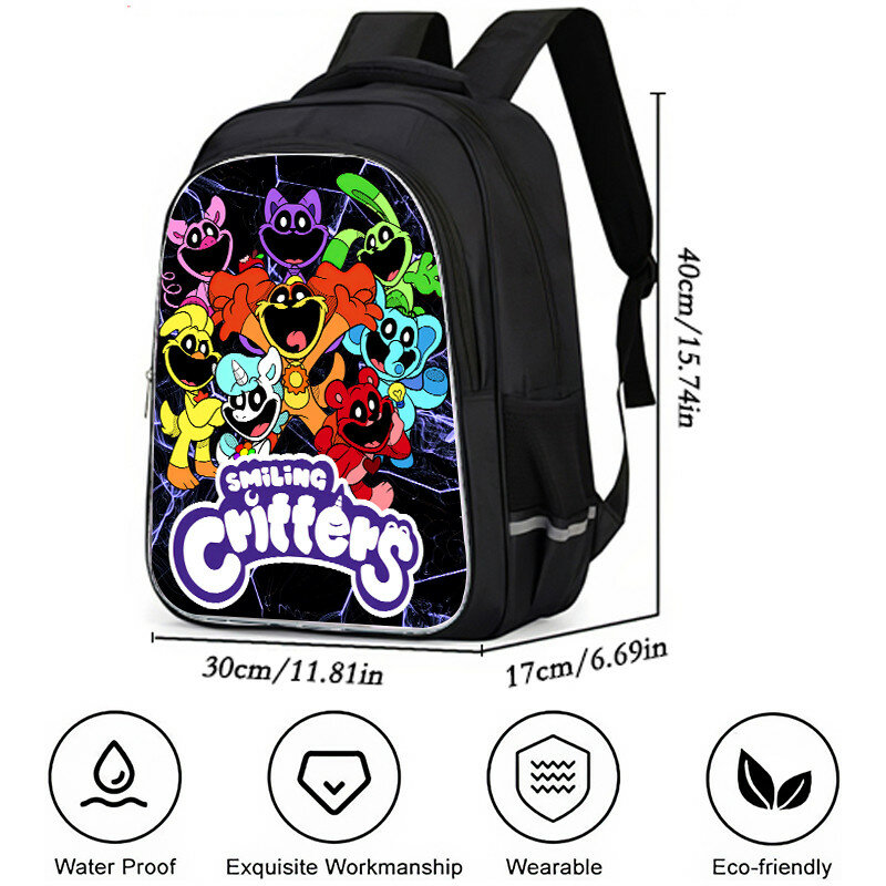 Smiling Anime Critters Backpack for Child Cartoon School Bag For Boy Girls Large Capacity Kids Bag Double Main Zipper Pocket