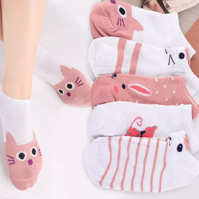 5 Pasang Kaus Kaki Kucing Harajuku Kartun Lucu untuk Wanita Kaus Kaki Musim Panas Sandal Warna Jepang Kawaii Perahu Kaus Kaki Poliester Sandal