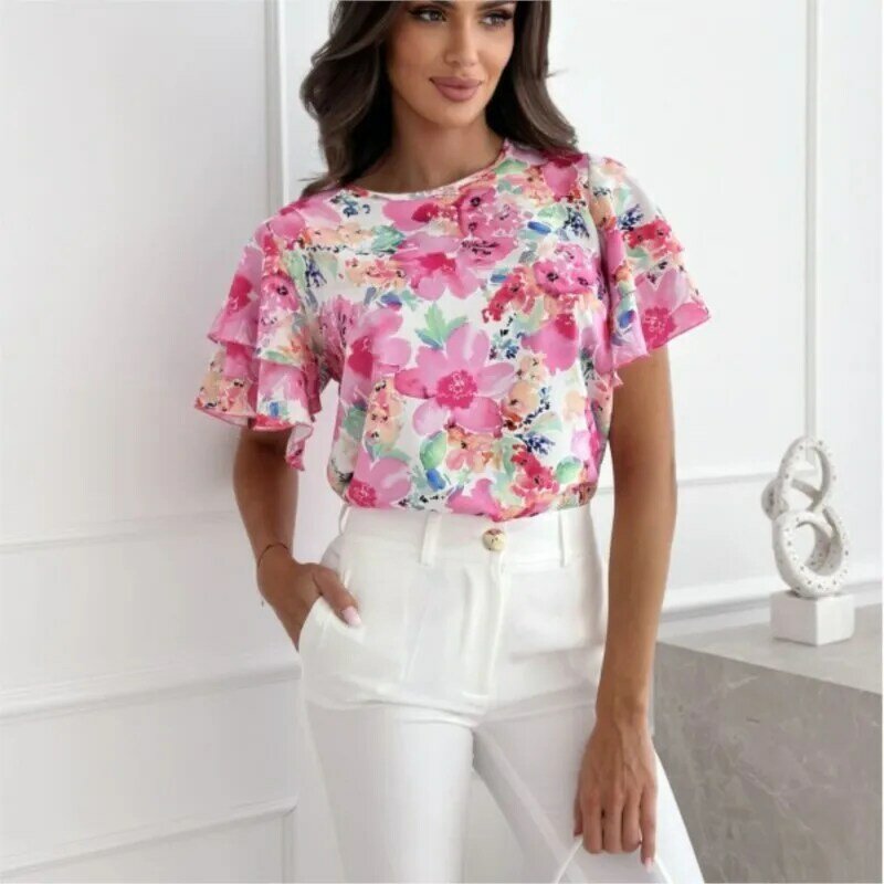 New Summer Printed Ruffle Sleeve Round Neck Short Sleeved Top Women Casual Loose Short-Sleeved Pullover Blouse Tops Femme Blusas