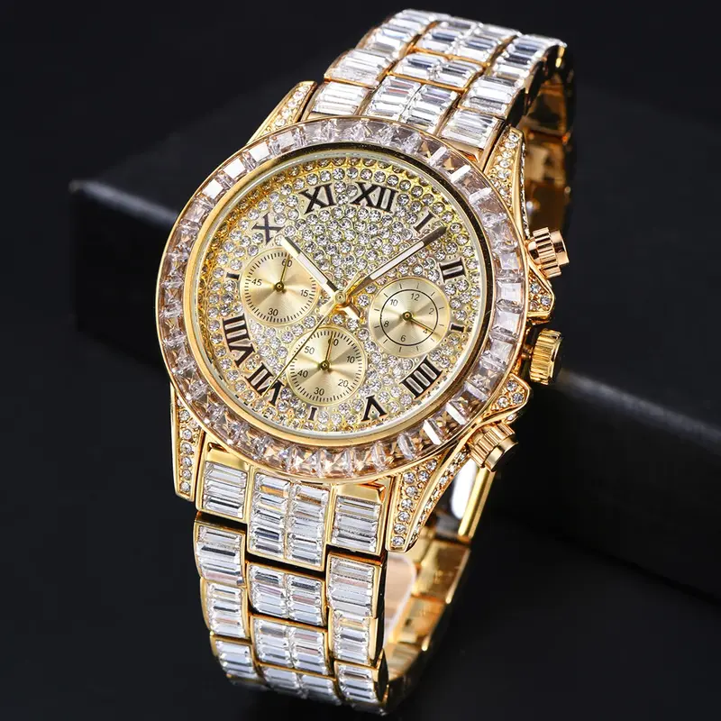 Relojes hiphop Ice Out para hombres, reloj de lujo hecho a mano, con mosaico de diamantes, cronógrafo, de acero plateado, dorado, Masculino