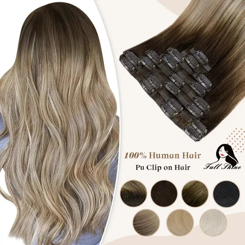 Full Shine-Extensions de cheveux à clipser sans couture, cheveux humains Remy, 100g et 80g, blond ombré, document PU, 8 pièces