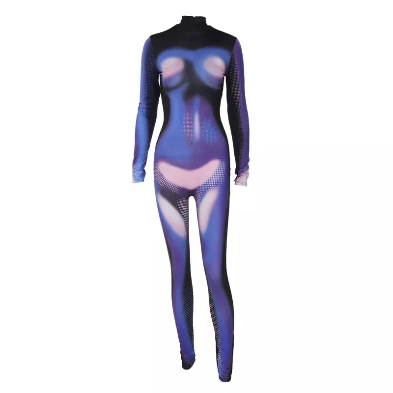 Женский комбинезон с 3D-принтом голого тела, модель 2024 года, весенняя одежда для Baddie, соблазнительная Клубная одежда, облегающие комбинезоны с длинным рукавом