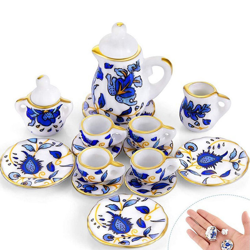 Miniature Tea Cup Set Miniature Te Game Doll House Blue And White Mini Tea Set Chintz Tableware Kitchen Dollhouse Furniture