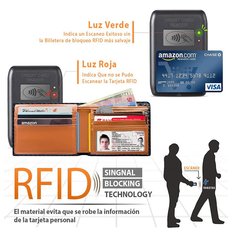 이중 접이식 지갑, 슬림하고 심플한 탄소 섬유 대비 색상 RFID 차단 가죽 지퍼 동전 주머니 남성용 지갑