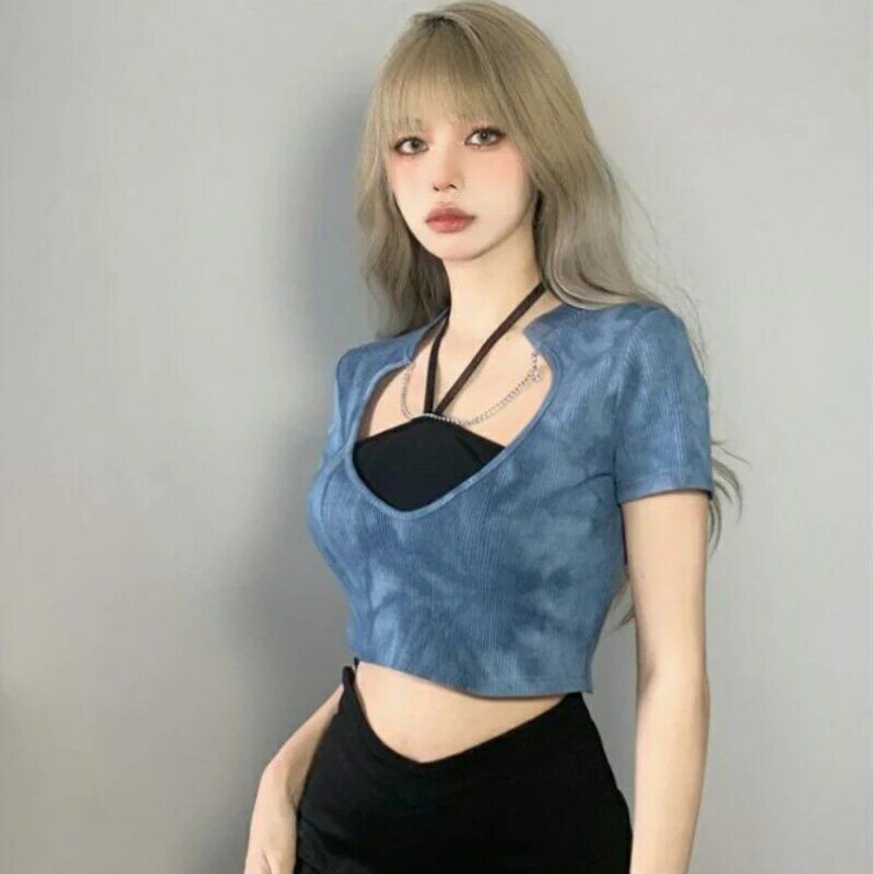 Women Sets Tie Dye Daily Sexy Designer Students Simple Cozy Leisure Camisole Chain T-shirts Summer Streetwear Korean Style Retro
