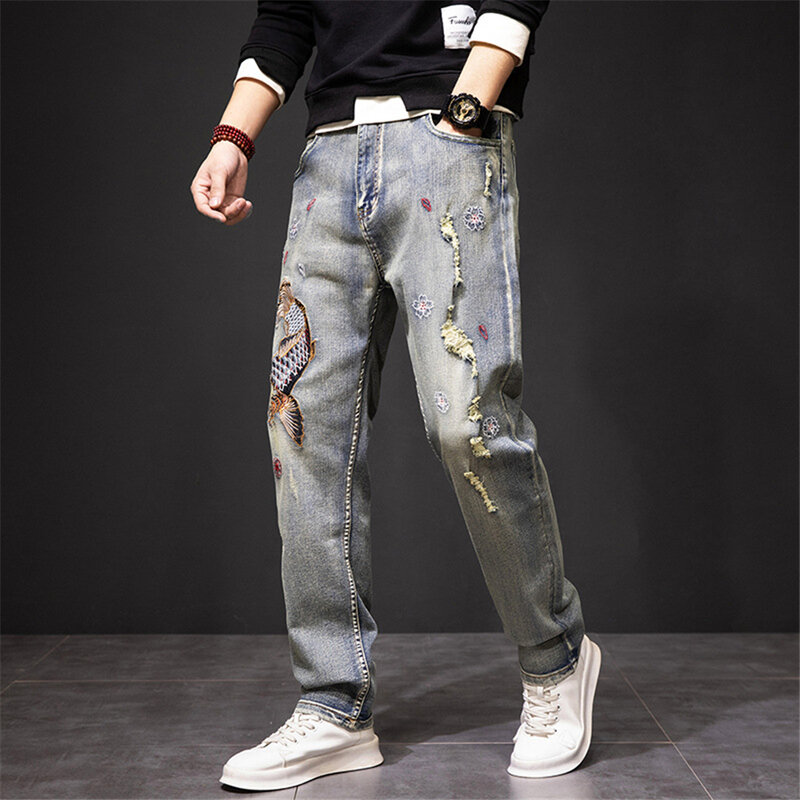Carp Embroidered Jeans Men Streetwear Denim Pants Fashion Ripped Jeans Pants Plus Size 40 41 Trousers Male Bottoms