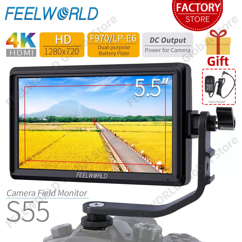 Monitor de campo para câmera DSLR Feelworld, Assistência de foco HD pequeno, 1280x720 IPS, 4K HDMI, Braço inclinável para fora DC 8.4V, S55 5.5"