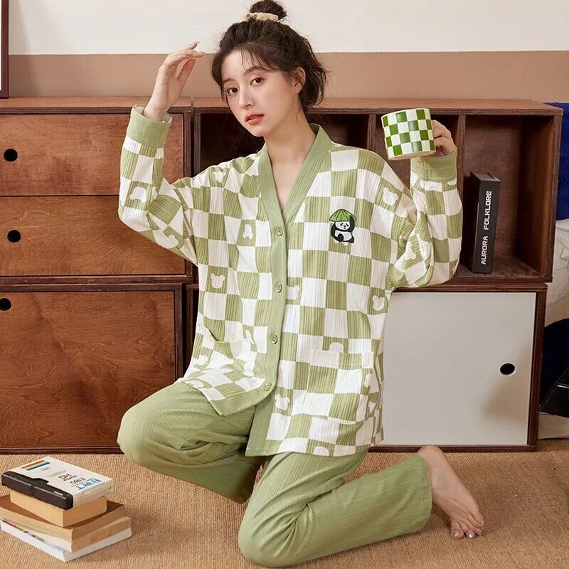 Pijama solto para mulheres, pijamas minimalistas, calças de manga comprida, conjunto Homewear decote em v, cardigã elegante, novo, primavera e outono, 2024