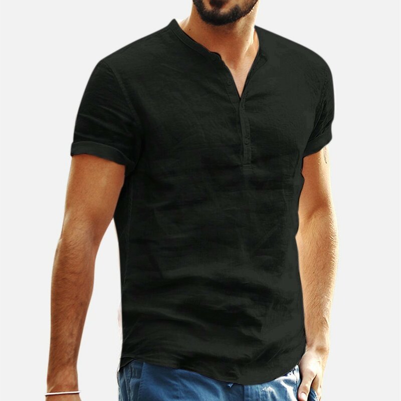 Рубашка мужская с коротким рукавом, блузка из хлопка и льна, с круглым вырезом, на пуговицах, удобная сорочка, однотонный топ