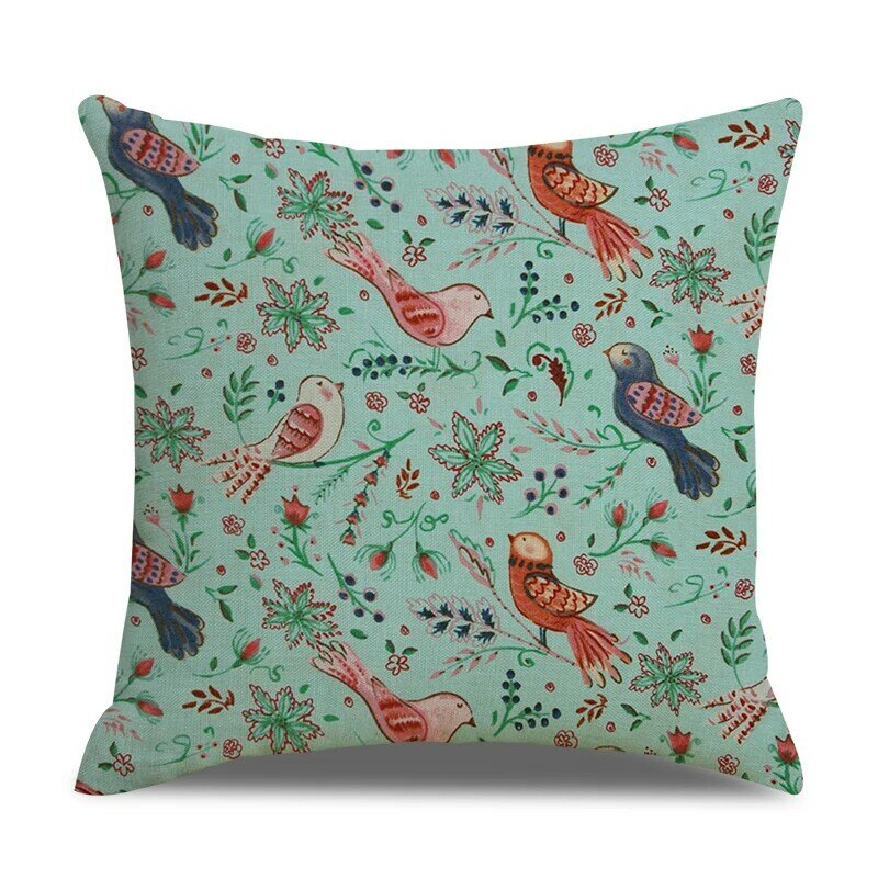 Zhenhe春の鳥と花プリントリネン枕ケース家の装飾クッションカバーの寝室ソファ装飾枕カバー18 × 18インチ