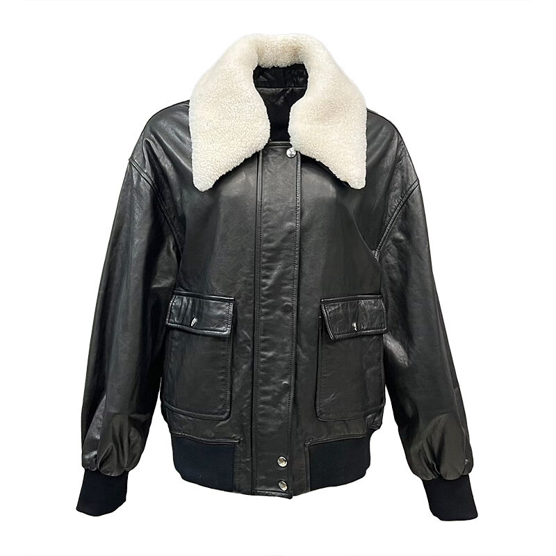 2023 New Jacket Genuine Sheepskin Leather Women Real Wook Collar Coat Fashion Clothing Pocket GT5544