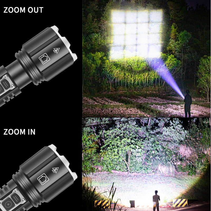 2000000LM Powerful LED Flashlight XHP199.2 Type-C USB Rechargeable Flash Light 5Modes Zoom Torch Tactial Flash Lantern Use 26650