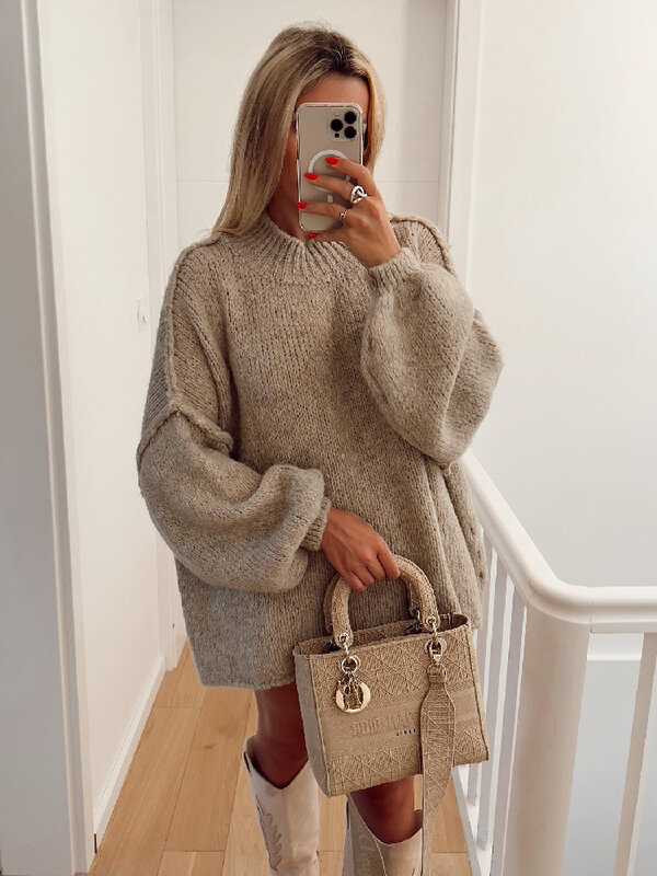 2023 Autumn Winter Thick Solid Casual Street Lady Jumper Loose Sweater Women Knitted Long Lantern Sleeve O-neck Female Pullover