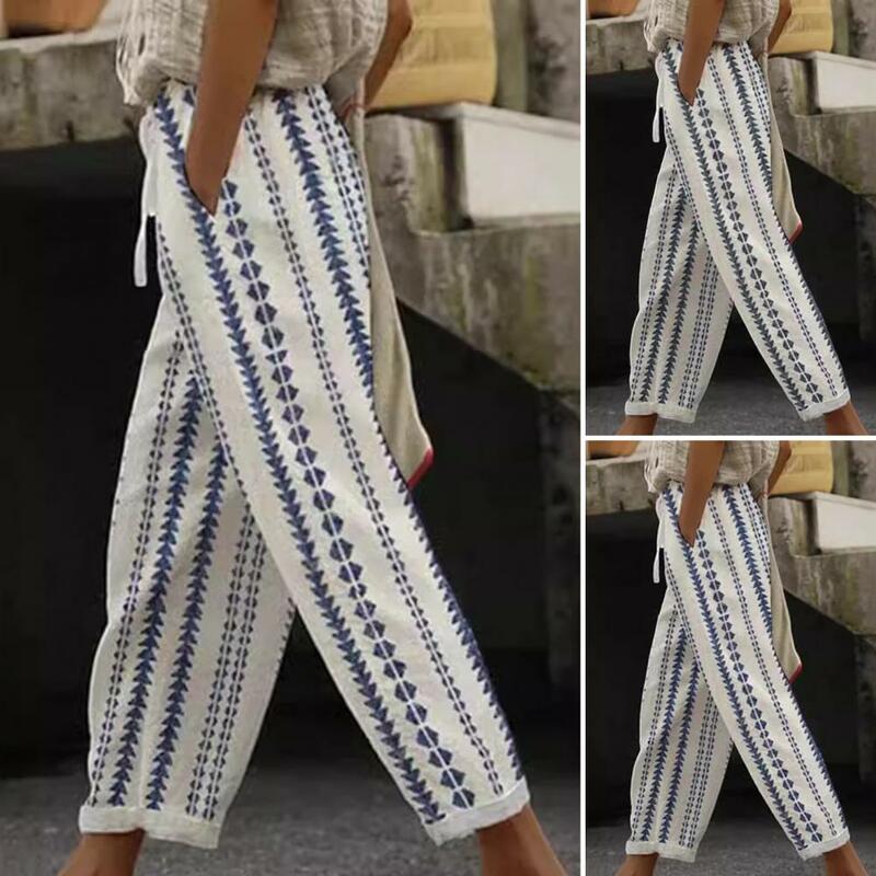 Pantalones de playa holgados con cordón en la cintura para mujer, pantalones bombachos con patrón geométrico, cintura elástica, ajuste holgado