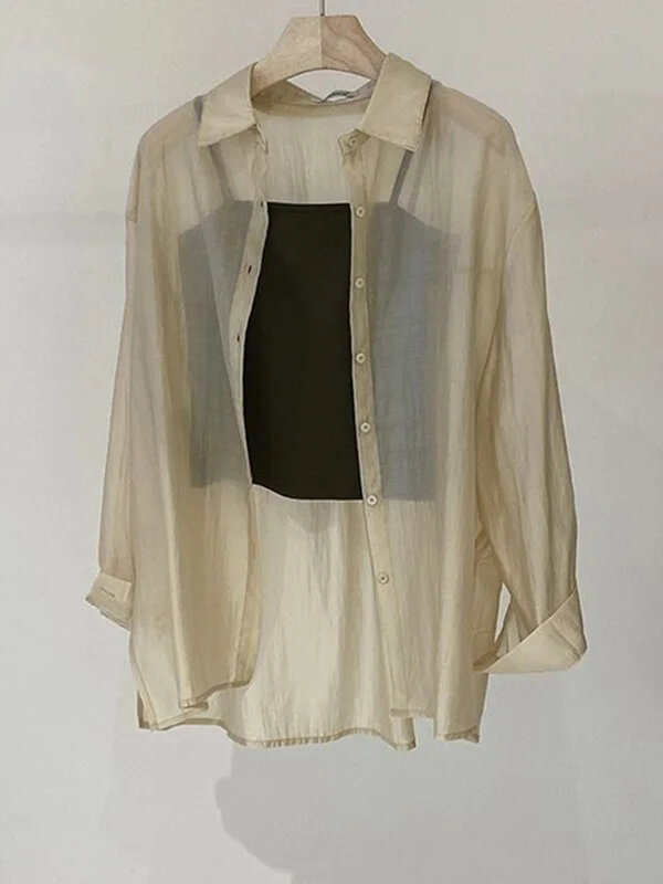 Сетчатая рубашка женская тонкая летняя одежда с длинным рукавом Свободная Корейская шикарная тонкая марлевая мягкая Студенческая Солнцезащитная одежда с лацканами для колледжа