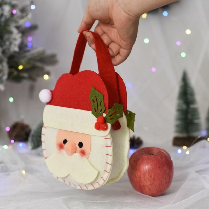 나무 장식 장식 양모 펠트 백, 손잡이가 있는 어린이 크리스마스 선물 가방, 토트백 선물 파우치 캔디 백