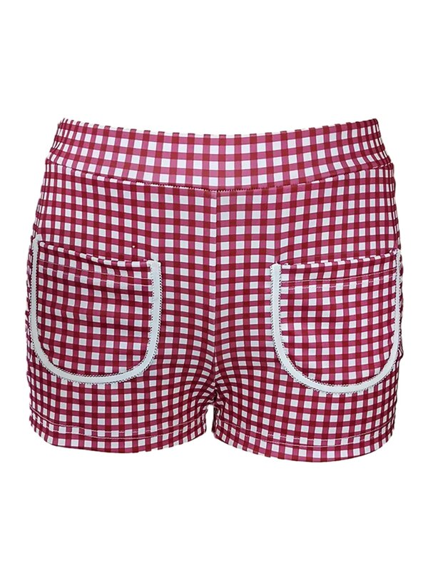 Pantalones cortos de pijama con estampado a cuadros para mujer, Shorts elásticos de cintura baja con bolsillo frontal, para playa