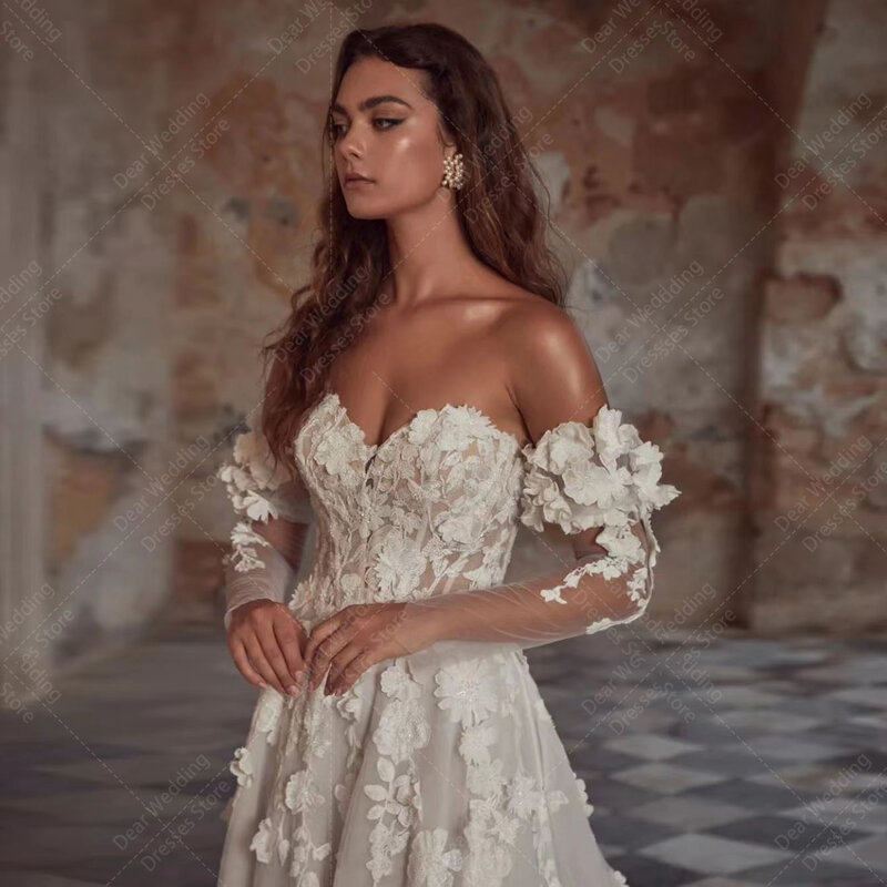 Luxury A Line Wedding Dresses Woman's Pastrol 3D Flowers Lace Applique Sweetheart Bride Gowns Elegant Princess Vestidos De Novia