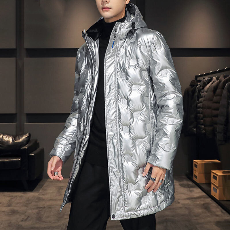 Authentic medium length white eiderdown warm down jacket men's bright face down jacket men's new winter hooded coat