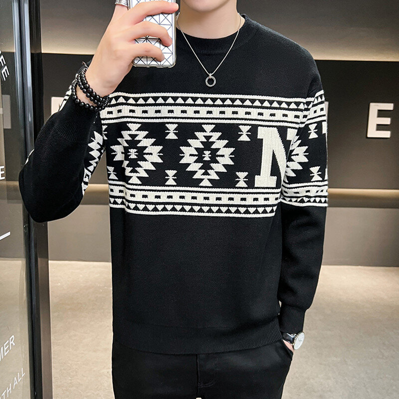 Men New Autumn Winter Pullover Round Neck Knitted Personality Color Matching Warm Comfortable Fashion Casual Knitted Sweater