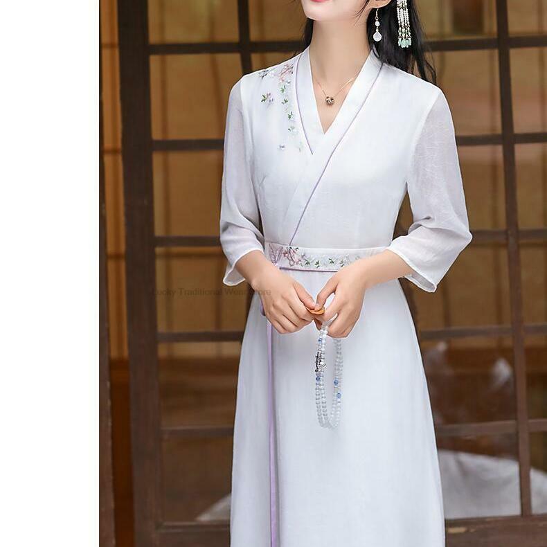 Estilo Oriental Tradicional Chinês Melhorado Vestido Hanfu Mulheres Vintage Cheongsam AO Dai Bordado Vestido Chiffon A Line Qipao