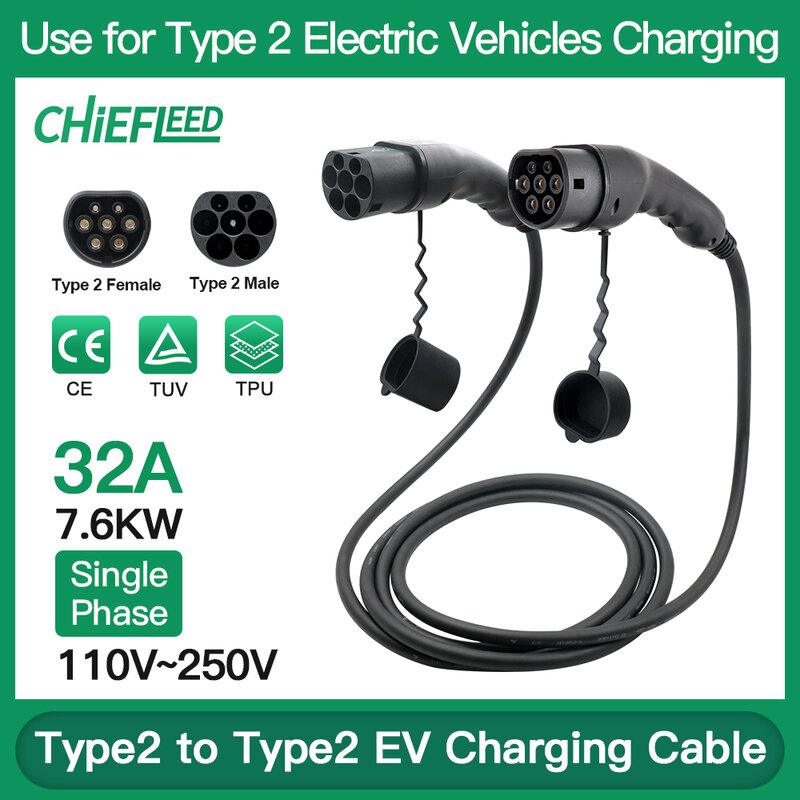 Kabel pengisi daya chaefleed EV, IEC Type2 ke Type2 Female ke Male 32A 4m 5m Plug 1 fase kabel EV untuk stasiun pengisi daya