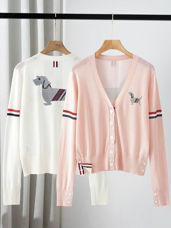 Caridgan-casaco casual feminino solto, cor rosa, camisola, mangas cheias, cão doce, roupa ao ar livre, verão
