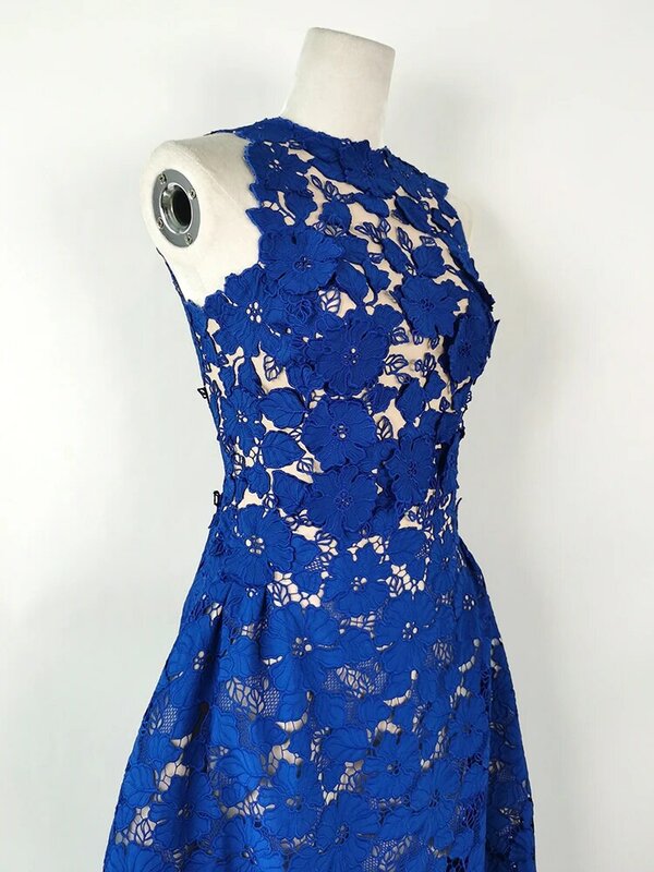 가벼운 럭셔리 헤비 인더스트리 레이스 드레스, 로얄 블루 자수 기질 슬림 핏 티 길이 드레스, 여름 신상