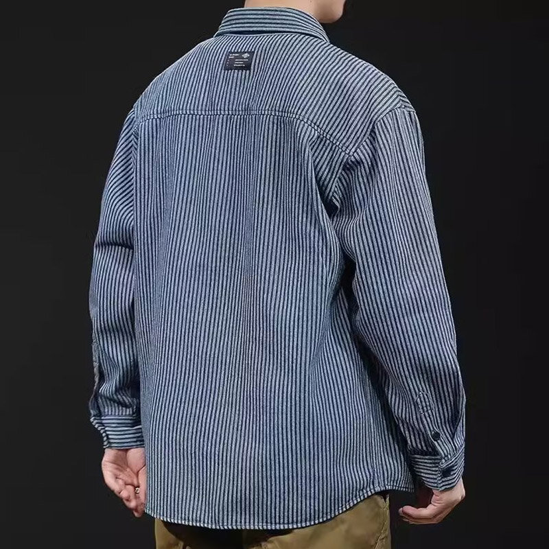 Vintage Striped Denim Long Sleeved Shirt Cuban Men's Business Travel High-Quality Dark Blue Lapel Single Breasted Shirt Jacket