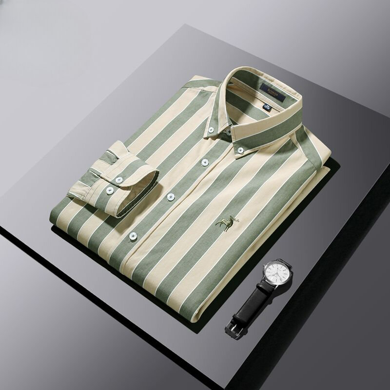 Pure Cotton Oxford Striped Embroidered Long-Sleeved Shirt Spring Autumn Men's Business Leisure Shirt Breathable Plus Size Top