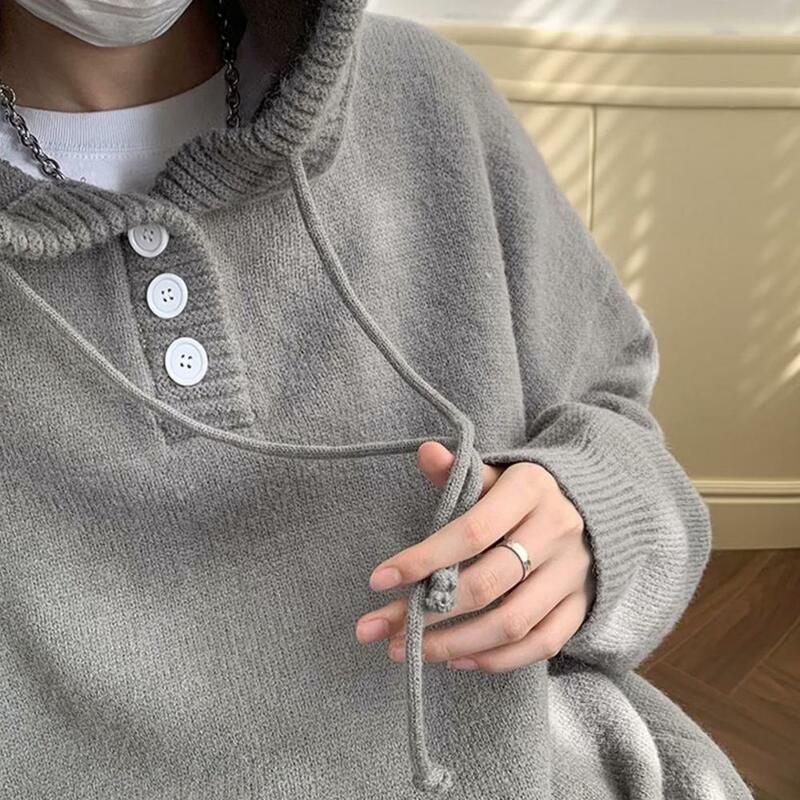 Suéter grueso con capucha y botón para hombre, ropa de calle Vintage con cordón, ajuste suelto cálido, longitud media, talla grande