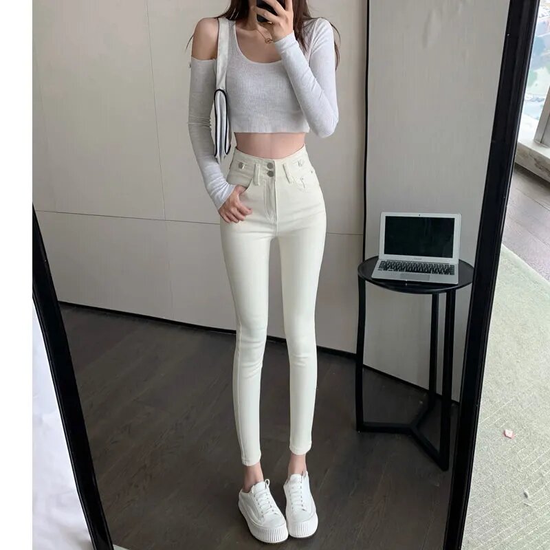 Calças magras de damasco feminino, jeans stretch de cintura alta, lápis sexy Capris, legging jeans, streetwear elevador de quadril, moda coreana