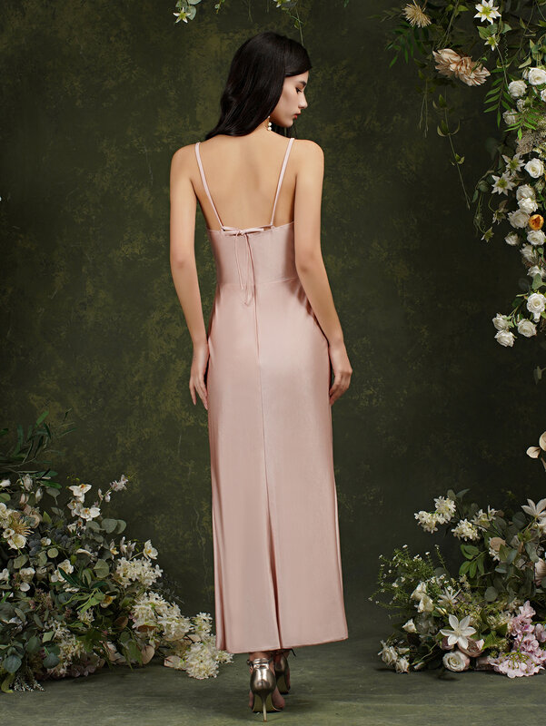 Sexy alta divisão vestido de festa de formatura robe de soiree para mulher rosa cetim com decote em v espaguete sling vestidos de noite