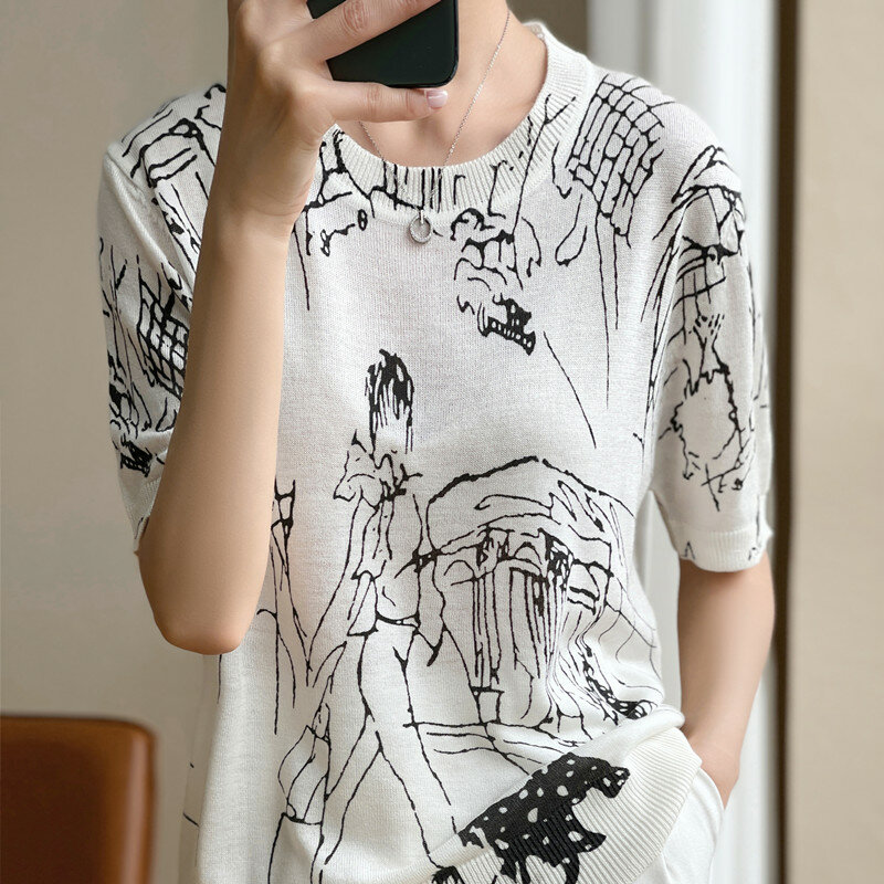 Damen Kurzarm T-Shirt Stricken Pullover Mode Sommer Dünne Abschnitt Graffiti Koreanische Runde Kragen Lose Pullover Street Style