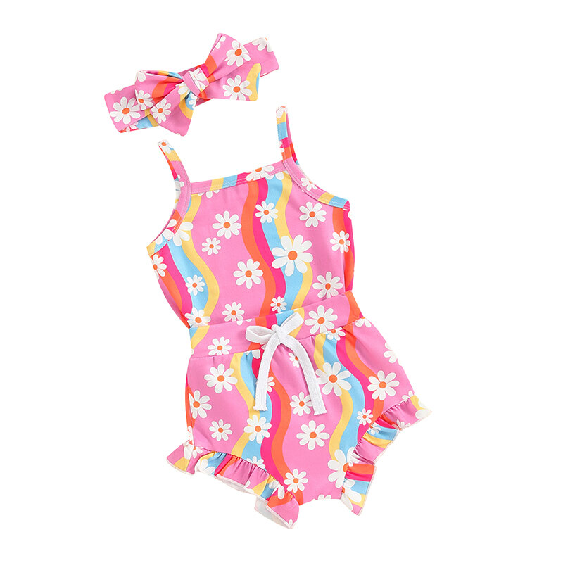 Set di vestiti per neonate con stampa floreale tute senza maniche con volant pantaloncini estivi con coulisse fascia per capelli