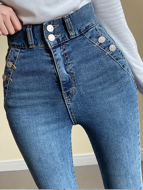 Pantalones vaqueros elásticos de cintura alta para mujer, Jeans ajustados con botones oblicuos, estilo coreano, ropa de nueve puntos, gran oferta, verano, 2022