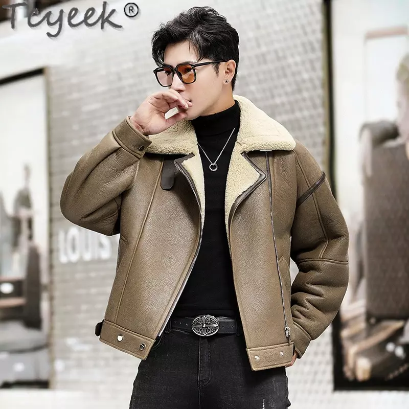 Tcyeek-Jaqueta de couro genuíno masculina, casaco de pele real, casacos naturais de pele de carneiro, moda motocicleta, roupas soltas, inverno